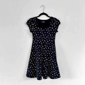 Simons Fit and Flare Sundress Black Bird Pattern Cap Sleeve Scoop Neck Size S